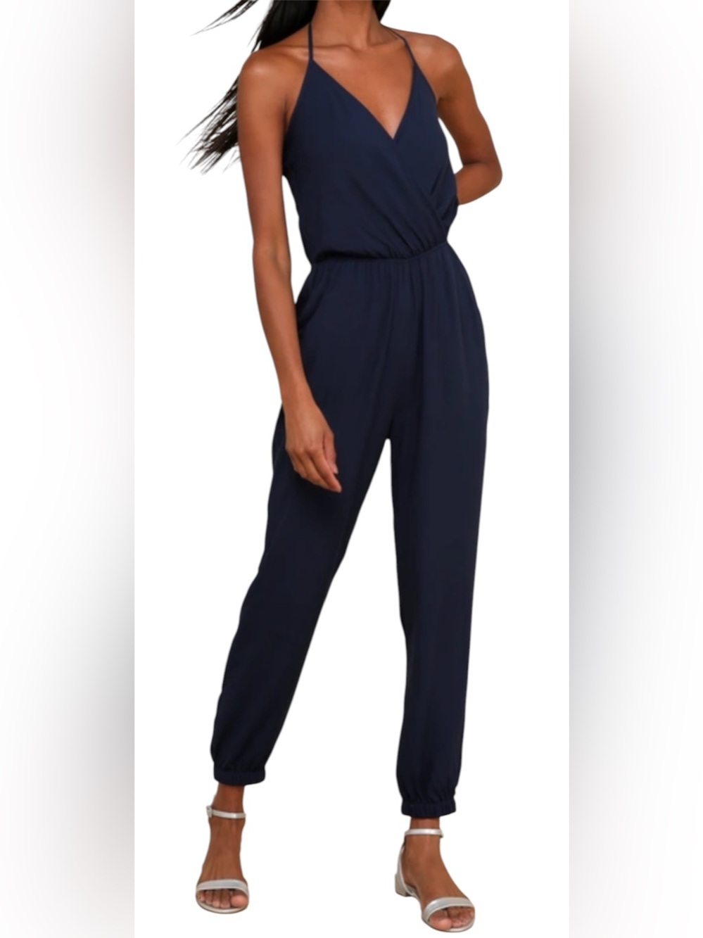 LULUS NWOT Women’s Learning To Fly Navy Blue Lace-Up Halter Jumpsuit